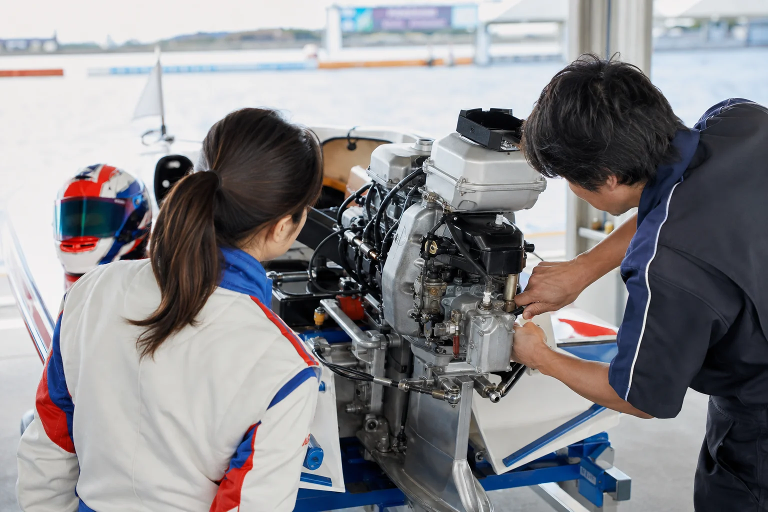 女子レーサーと整備士がエースモーターを点検するイメージ