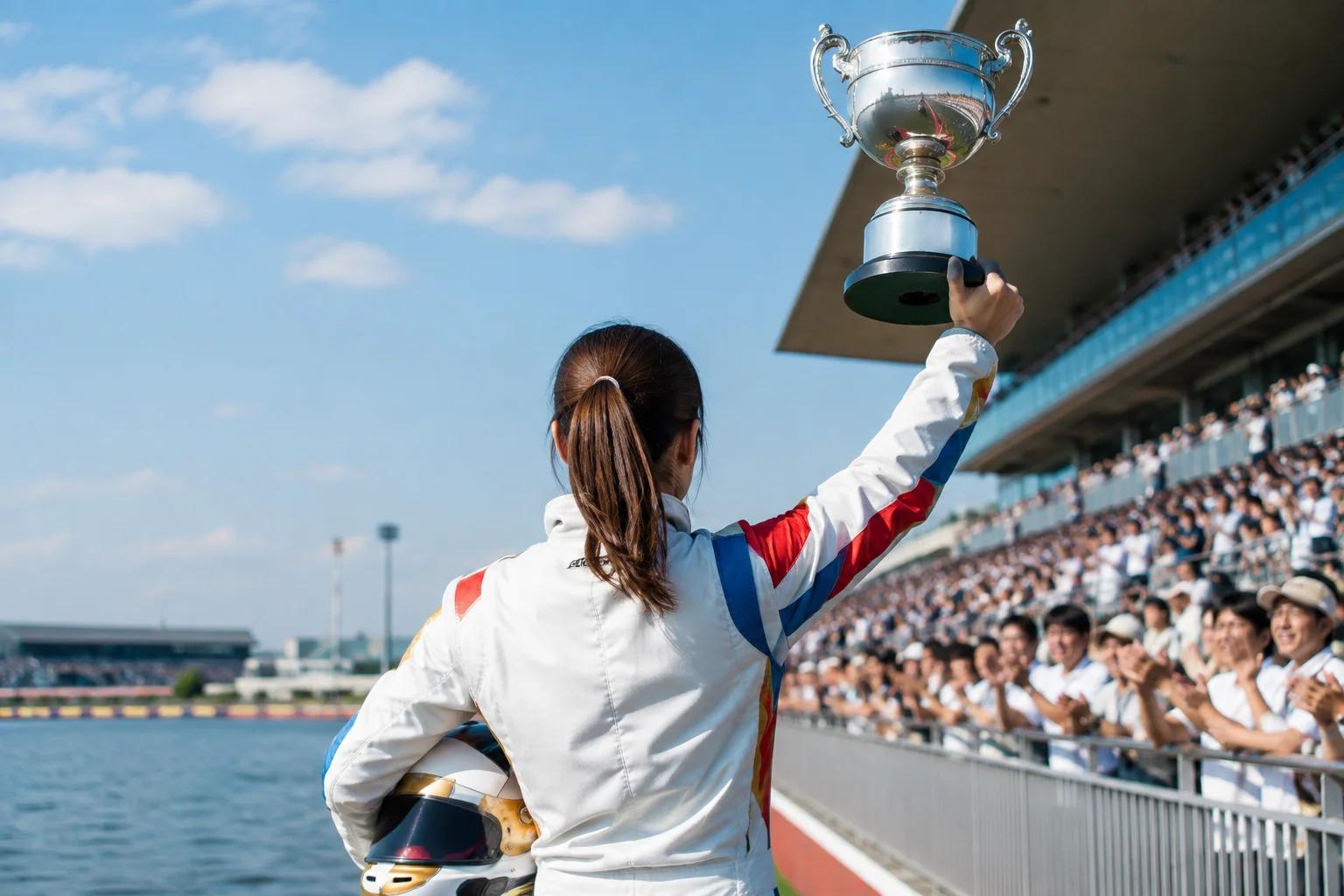 女子レーサーが大舞台で優勝トロフィーを掲げるイメージ
