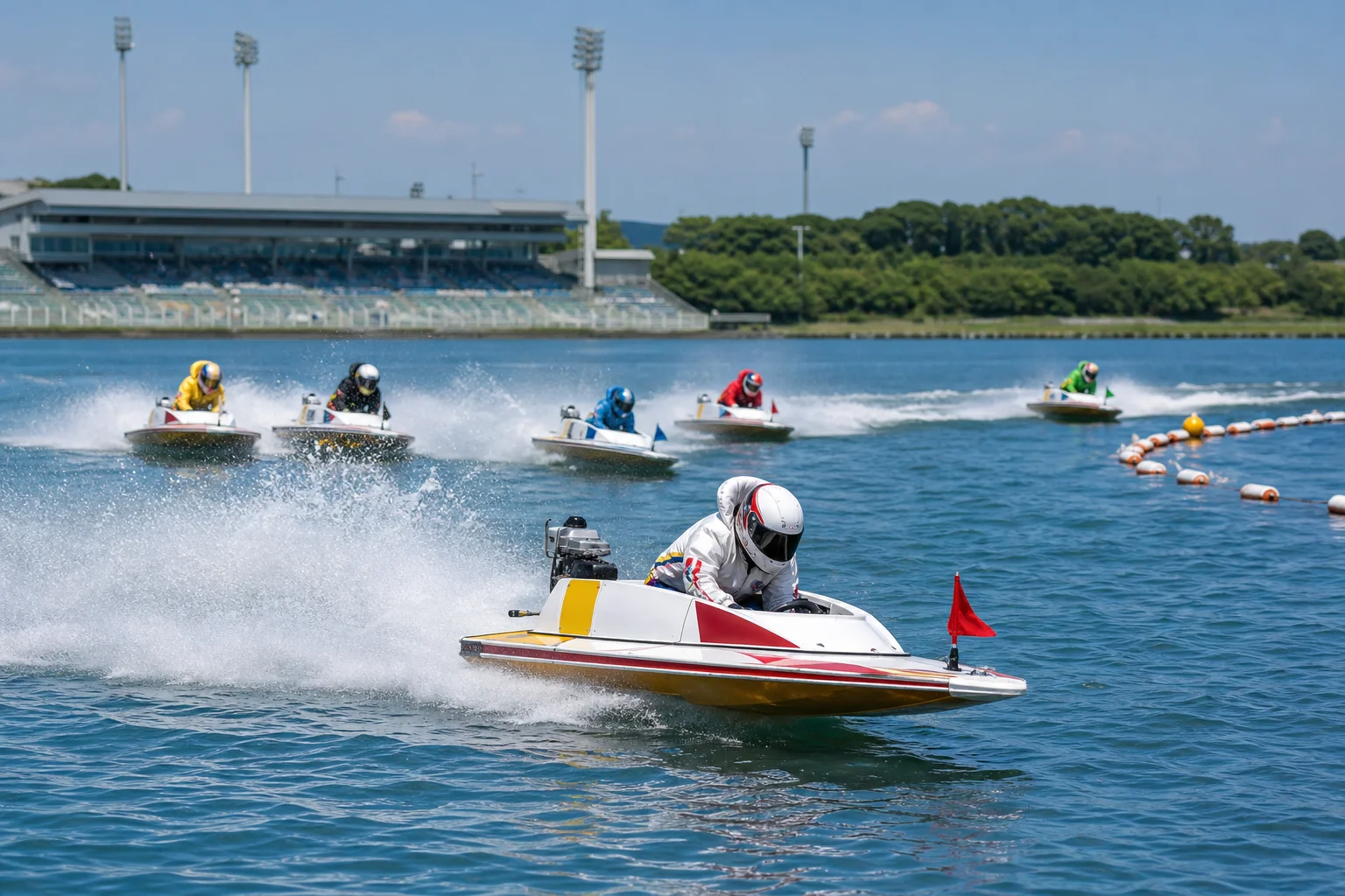 夏の水面で先頭を走る女子レーサーの好調ぶりを表すイメージ