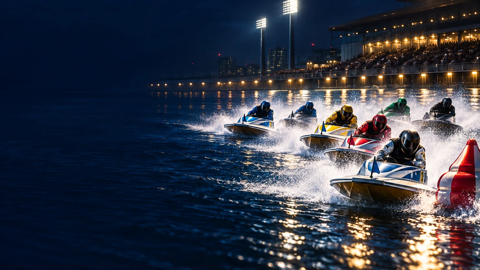 競艇のドリーム戦をイメージした、夜の水面を走る6艇のAI生成イメージ