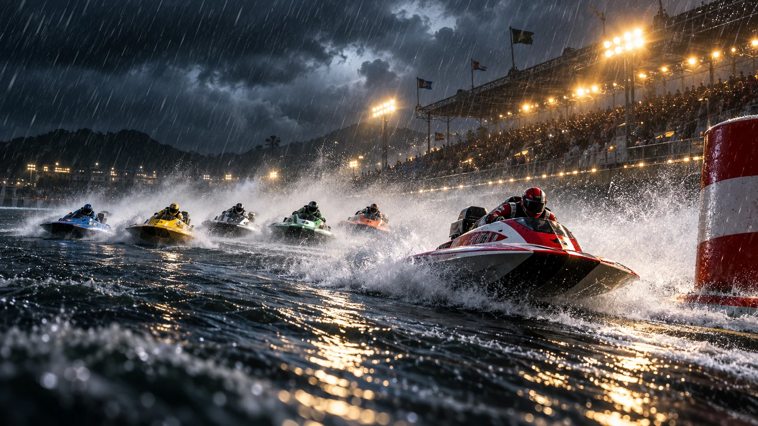 強い雨と風のナイター水面で先頭を争う6艇