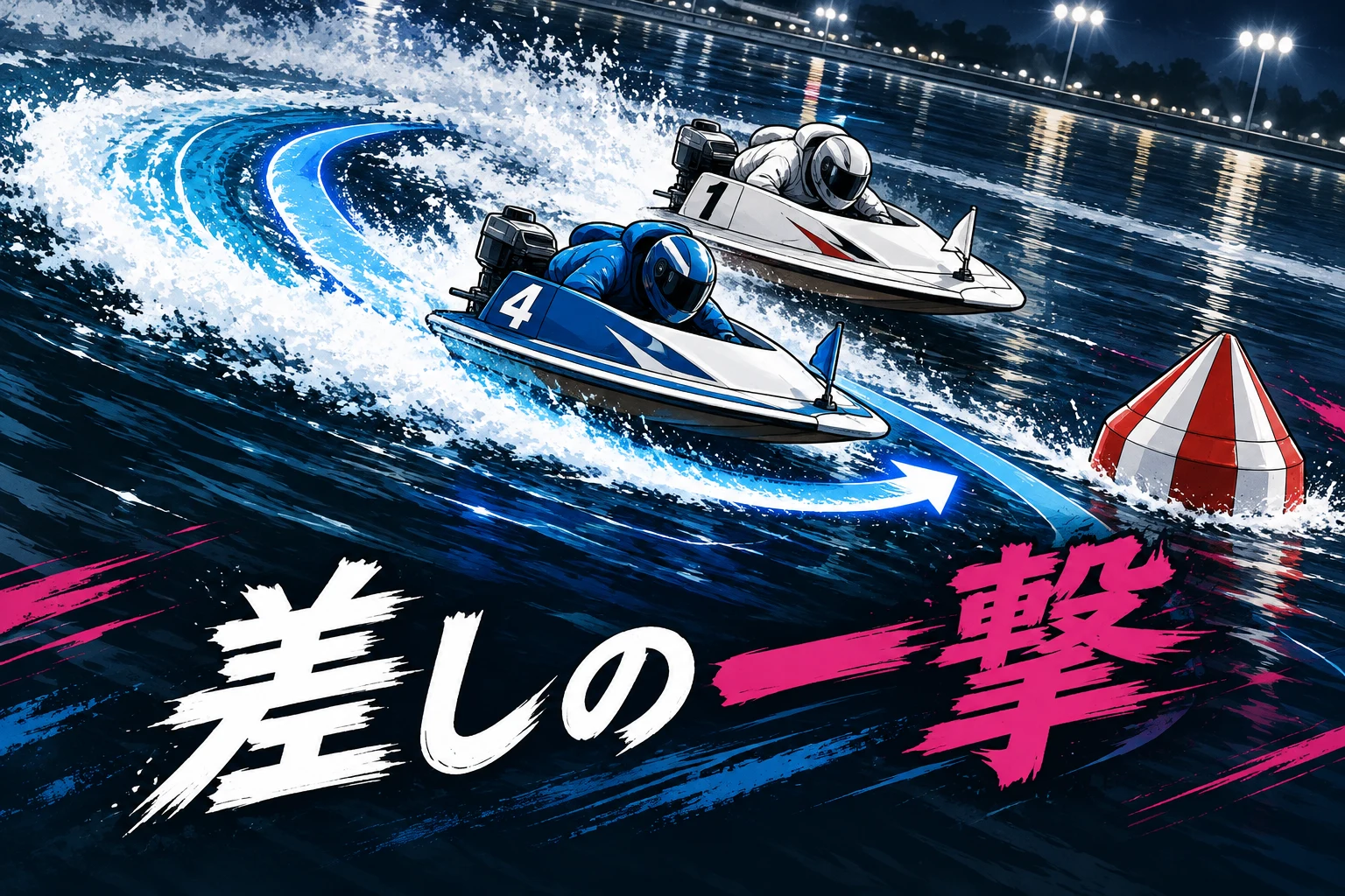 4号艇が内側を差して先頭へ出る軌道を描いた生成イメージ